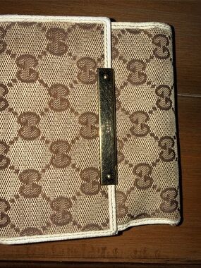 Gucci Beige and Brown GG Canvas Wallet with Gold Plaque